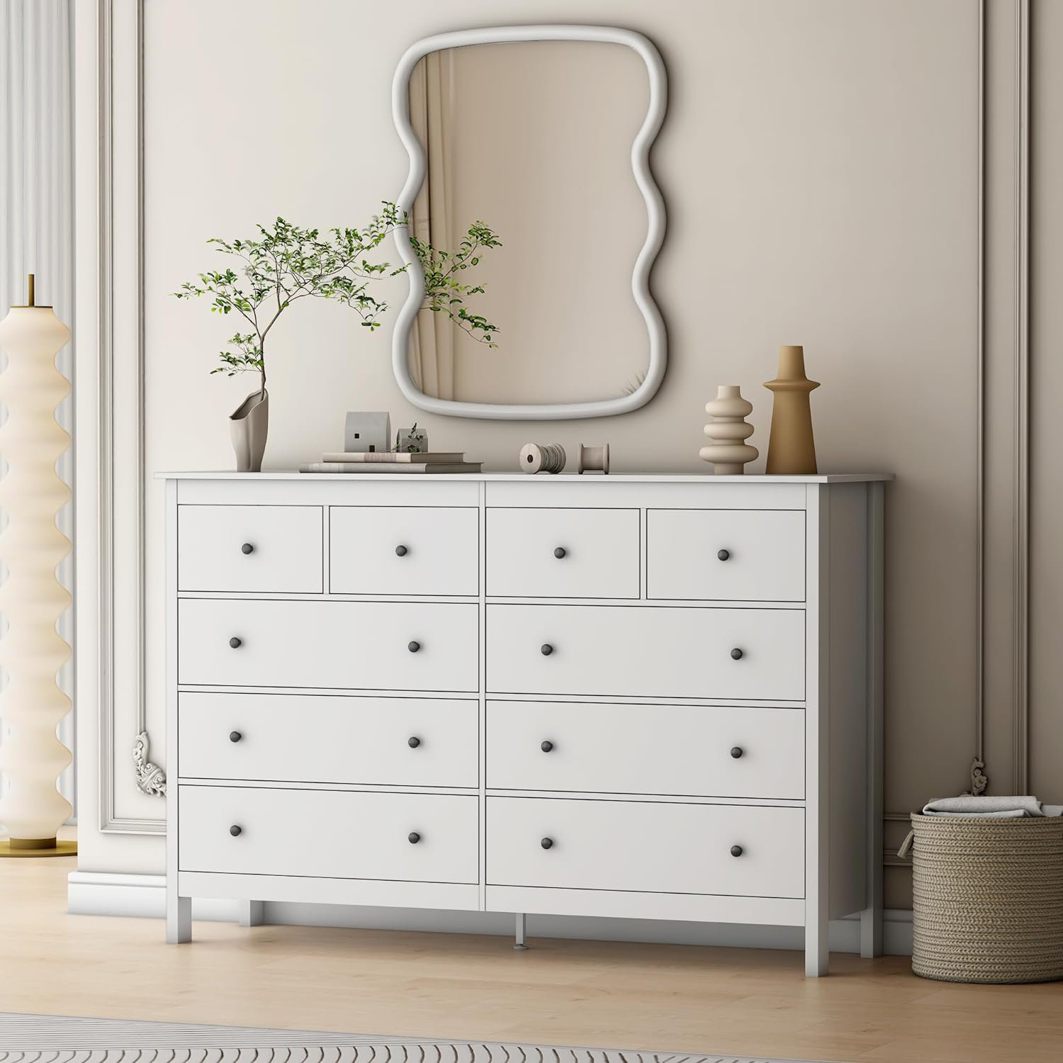 linor 55" Modern White Dressers & Chests of Drawers, 10 Drawer Wide